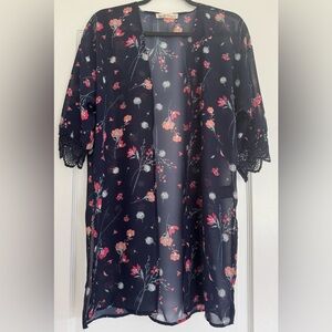 Wallflower Sheer Floral Kimono S Navy Blue Boho Lightweight Open Front